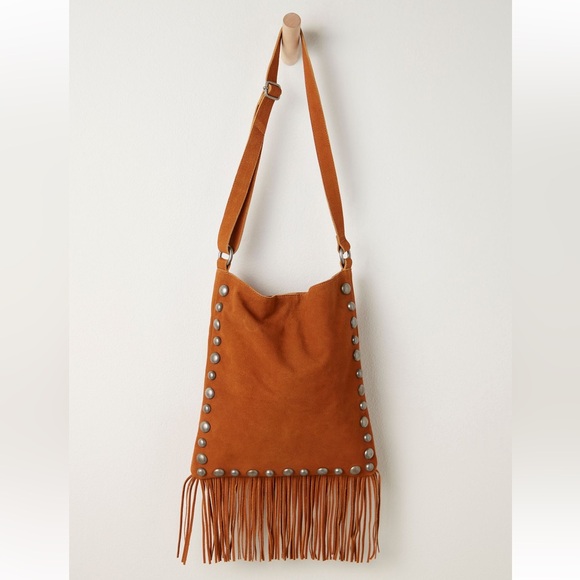 Free People Catalina Studded Suede Fringe Crossbody Bag in Cognac - Picture 3 of 8